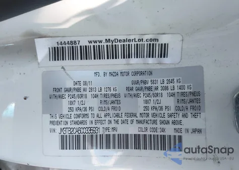 2012 Mazda Cx-9 Touring z USA, uszkodzony, nr VIN JM3TB2CA6C0335931